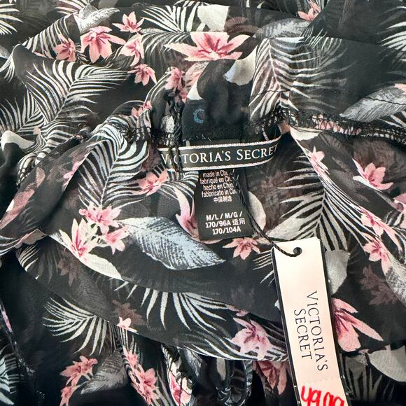 Victoria's Secret Duster M/L Black Pink Floral Sheer Chiffon Ruffle Trim Kimono - Picture 7 of 9